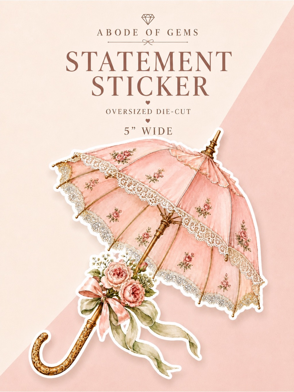 🆕 2/$18 💌 Vintage Cottage Floral Lace Parasol Oversized Sticker 5” Die-Cut
